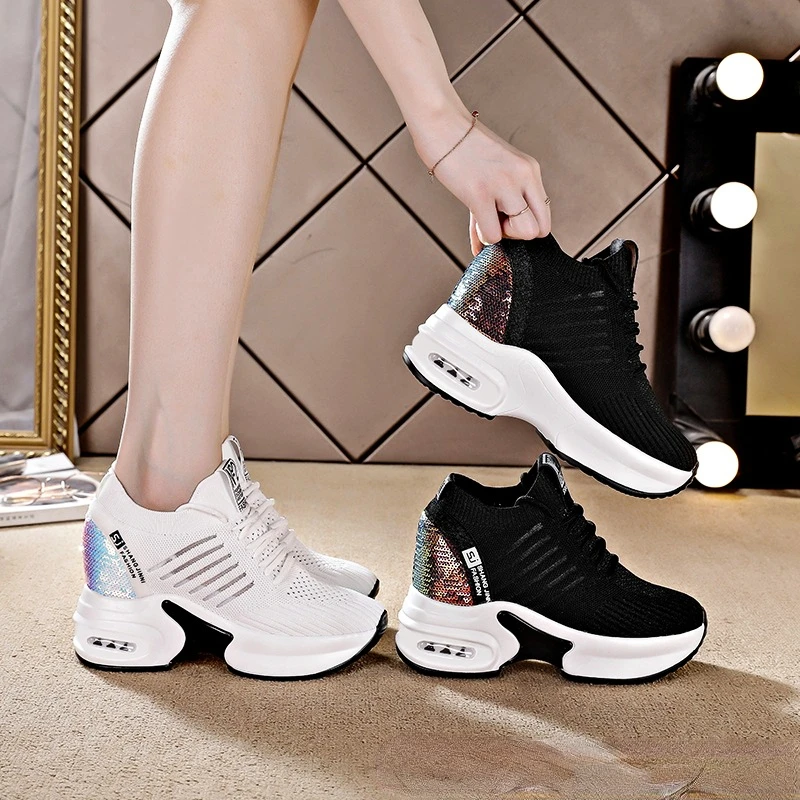 Air-cushioned Women\'s Sneakers Running Wedge Platform Sneakers Trainers White Glitter Fly Weaving Breathable Ladies\' Casual Shoe