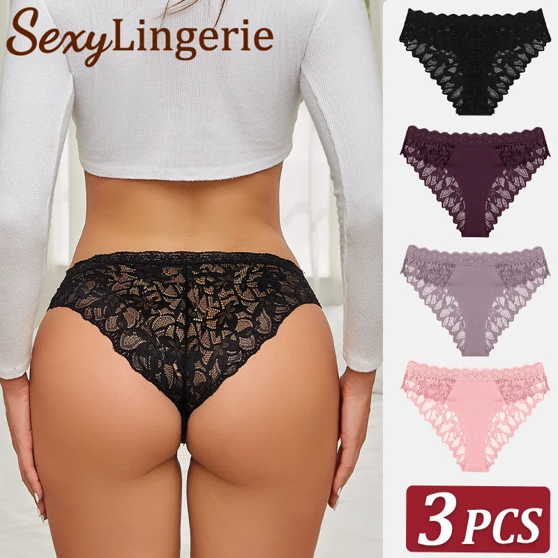 3PCS/Set Women кружева сексуальные трусики мягкие стильные нижнее белье с низкой талией женские хлопчатобумажные g-стринги бикини моды интиматы нижнее белье XS-XL