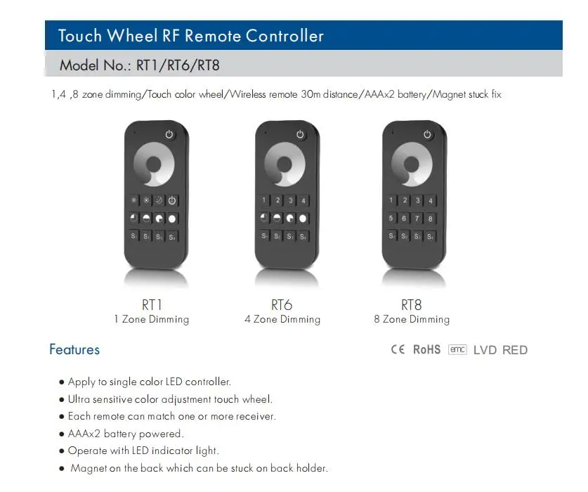 1 / 4 / 8 Zone Dimming Touch Wheel RF Remote Controller RT1/RT6/RT8 Dimmer For 5050-3528 2835  Single Color LED Strip Light Tape