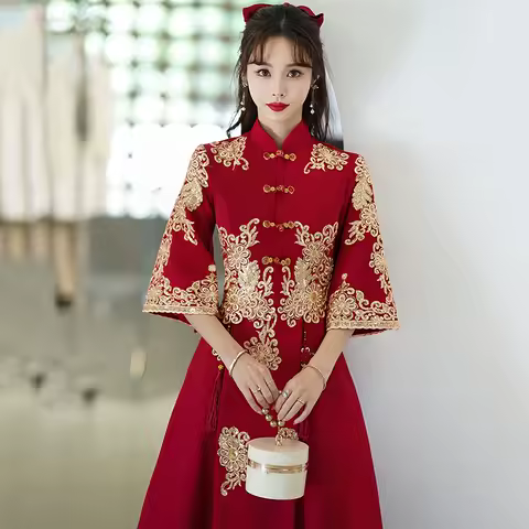 Plus Size Slim Long Bride Wedding Dress Elegant Cheongsam Embroidery Evening Party Dress Mandarin Collar Chinese Dress 7XL 8XL