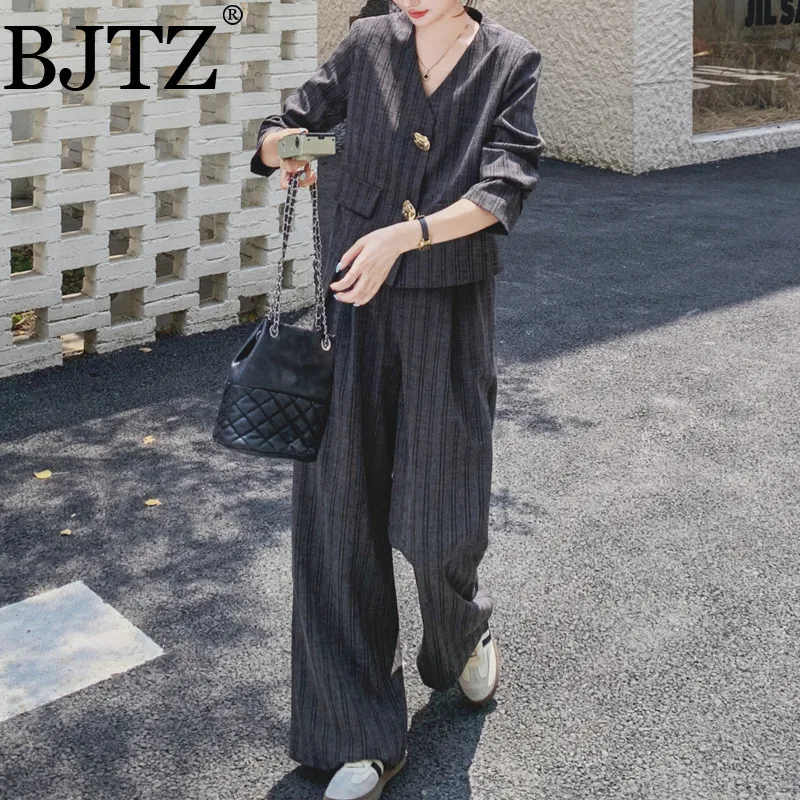 

BJTZ Gray Striped Suit Set For Women, Autumn 2025 New Style Elegant Casual Mature Style Blazer With Wide-Leg Pants Two-Piece Set