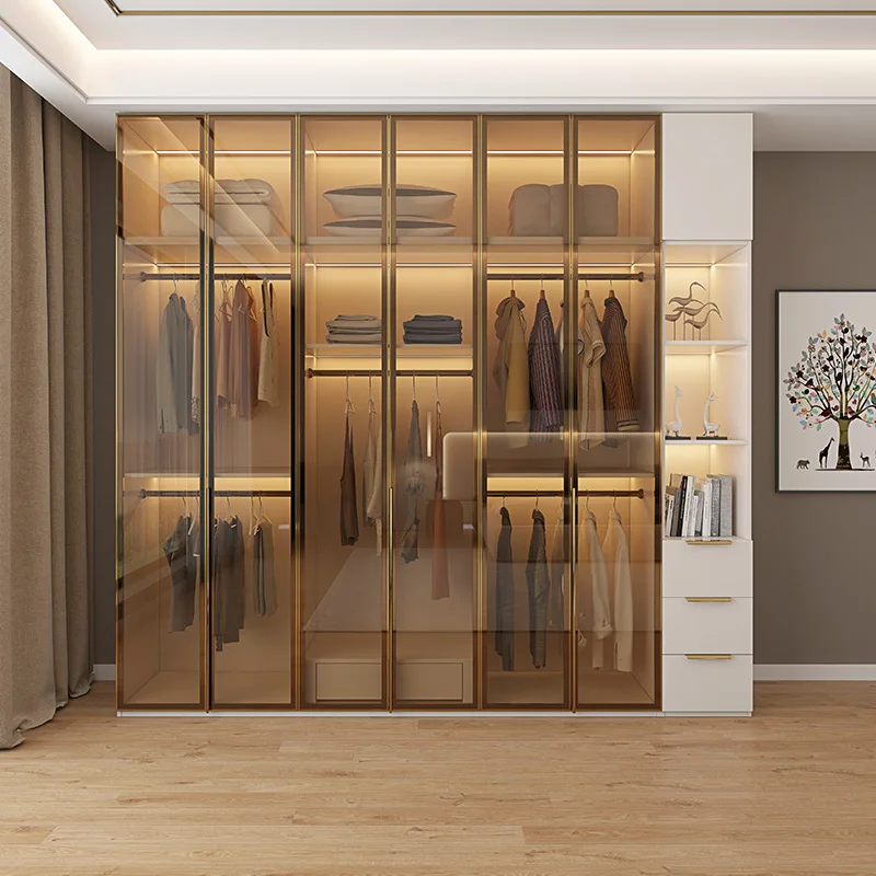 door with lamp wardrobe Solid wood home bedroom Modern simple European pine board Cream storage Skin feeling large wardrobe