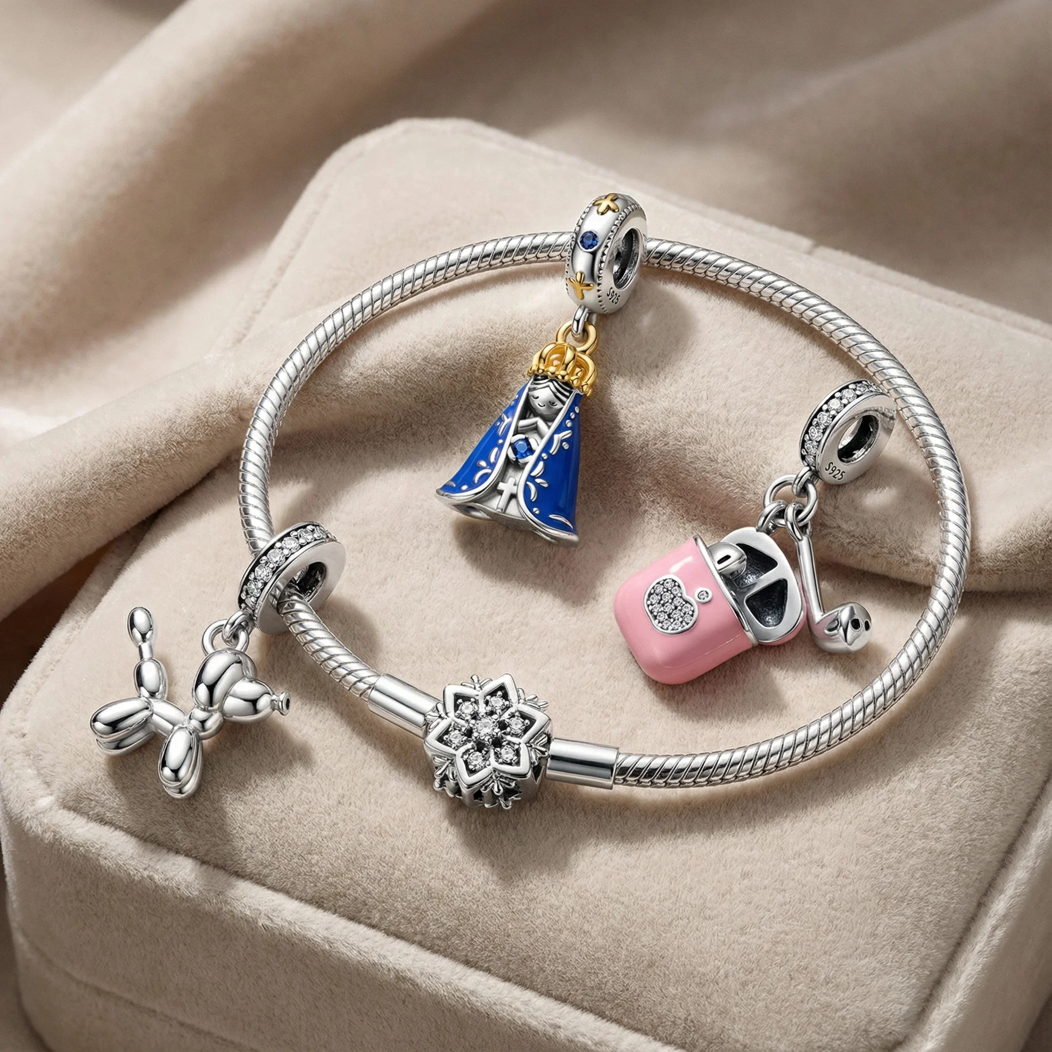 

925 Sterling Silver Our Lady Earphones Charms Pendant with Cubic Zirconia,Fit DIY bracelet necklace Gift for Her,Colgante Plata