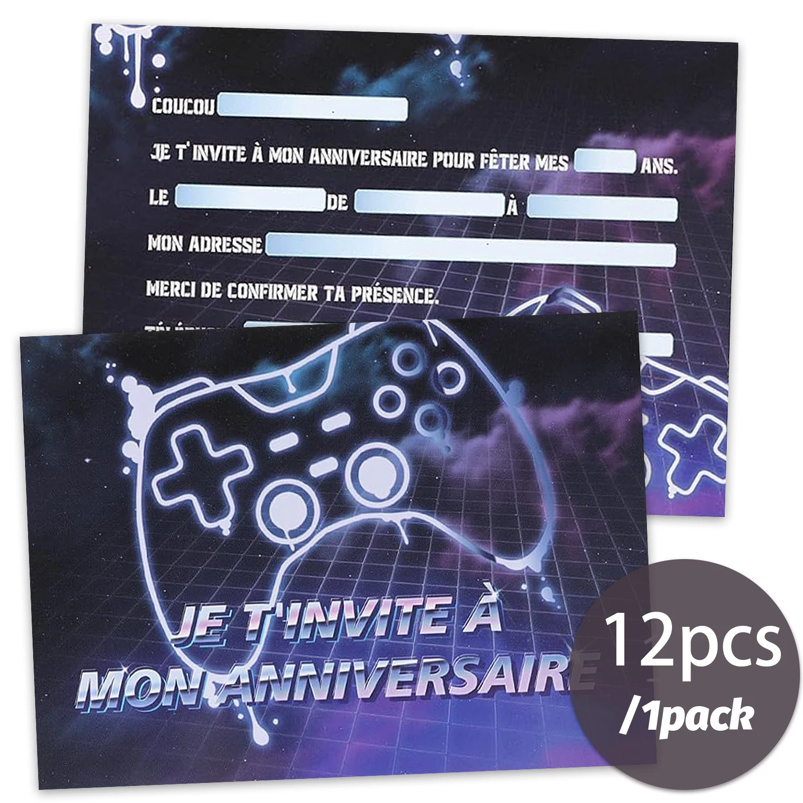 12 französische Geburtstagseinladungskarten mit beleuchtetem Controller-Design, geeignet für E-Sport-Geburtstagsfeiern/Gaming