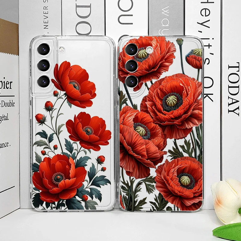 Coque de téléphone transparente à imprimé floral rouge vif de fleurs de pavot pour Samsung Galaxy S26 S25 Ultra S24 S23 S22 Plus S21 FE S20, coque souple