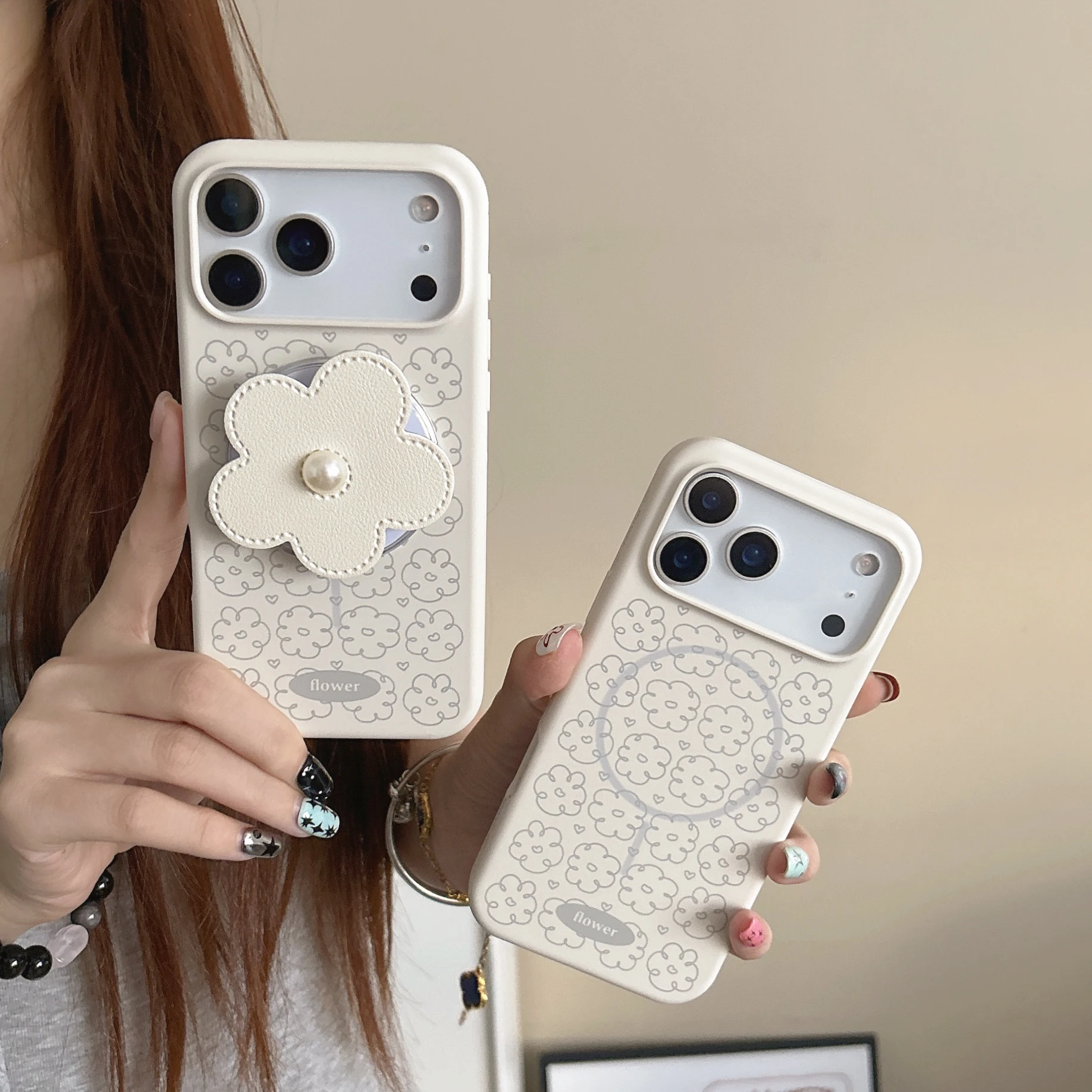 

Back Cover For IPhone 13 14 15 16 17 Pro Max Case Pearl Flower Bracket Magnetic Attraction Liquid Shockproof Phone Case