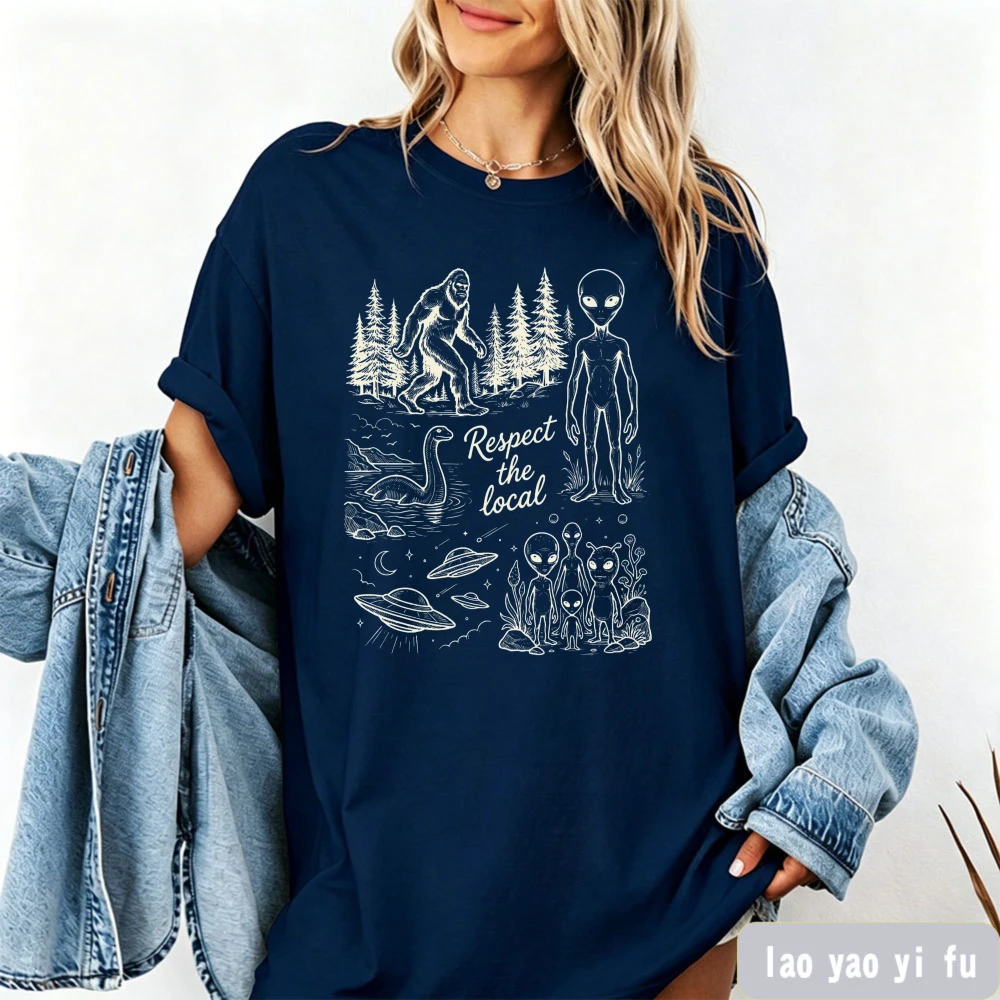 Retro Respect The Locals Cryptid Shirt Protect National Parks Sasquatch Bigfoot Alien Unisex Tees Vintage Postage Stamp Clothes