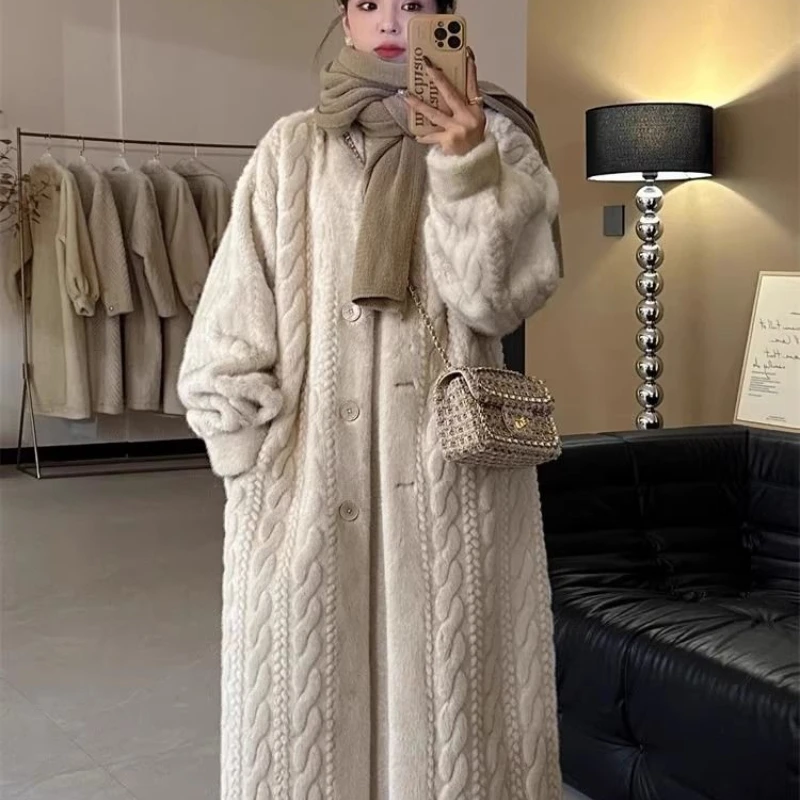 Temperament Lazy Style Imitation Fried Dough Twists Marten Environmental Fur Coat Long Thin Marten Cardigan Coat