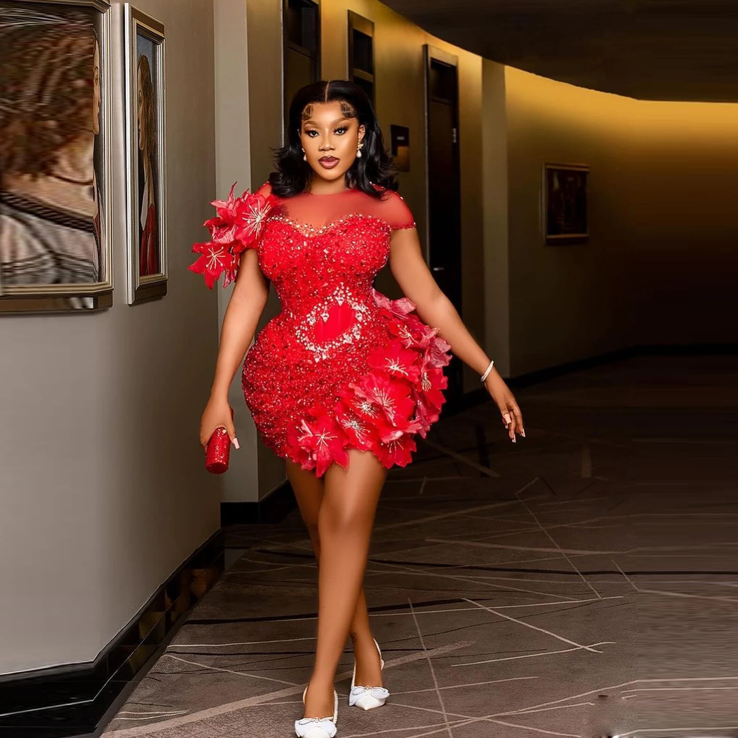 Red Luxury Cocktail Party Dress Mini Aso Ebi Prom Dress Aso Ebi Evening Gowns O Neck Short Seeves Handmade Flowers Beads 2024