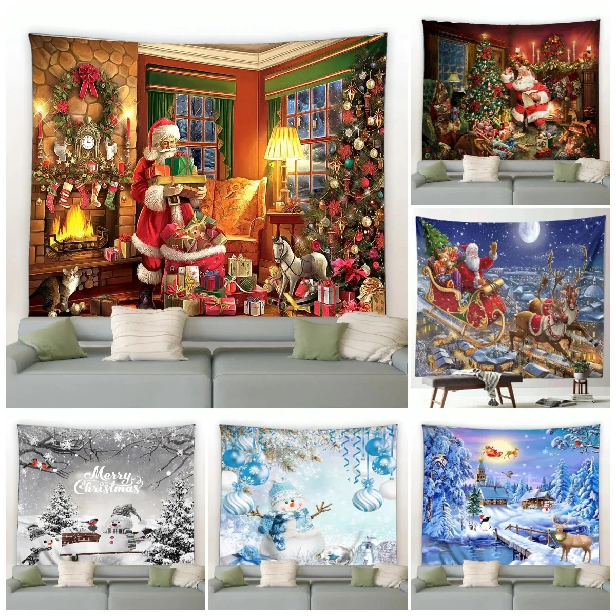 Christmas Tree Santa Pattern Tapestry Bedroom Living Room Home Christmas Decoration