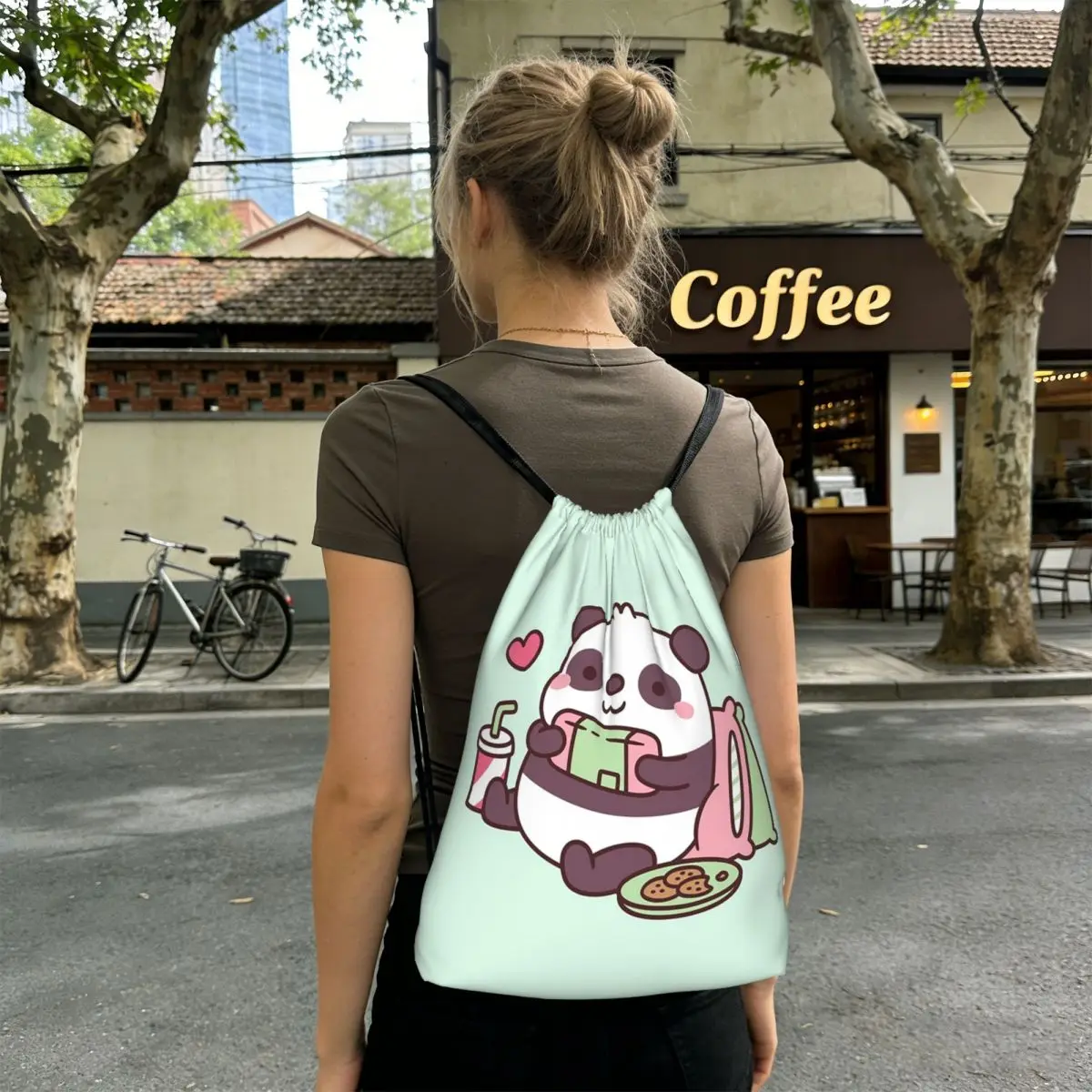 Cartoon Panda Playing Video Games Backpacks Portable Drawstring Bags Storage Bag Book Bags for Man Woman Students