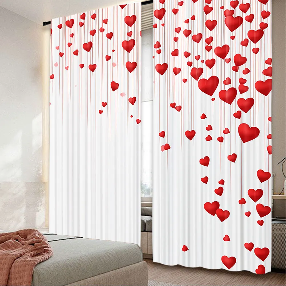 2Pcs Cute Valentines Day Curtain Valentine\'S Red Pink Heart Love Decor Curtains For Decoration Suitable For Living Room Bedroom
