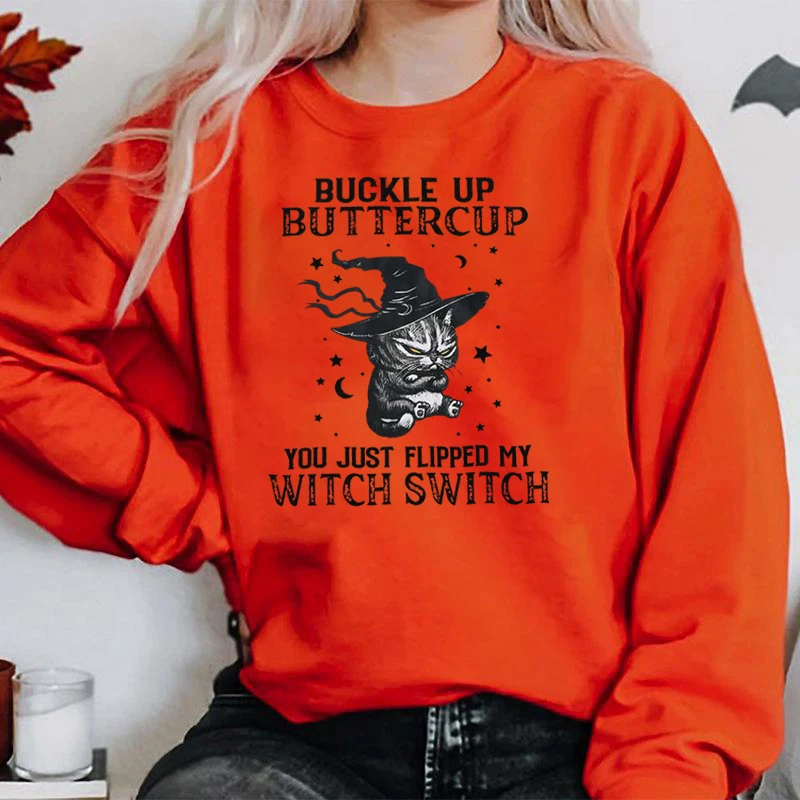 Halloween Cat Buckle Up Butter Cup Print Pullover For Women New Fashion Autumn And Winter Creative Halloween Hoodless Sweatshirt