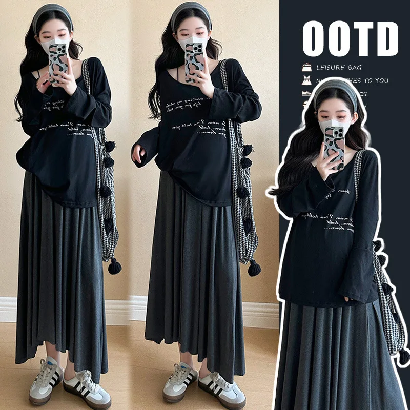 

Gentle Style Maternity Set Spring Autumn Korean Print Long Sleeve Tee Slim Fit A Line Skirt Two Piece Pregnancy Outfit
