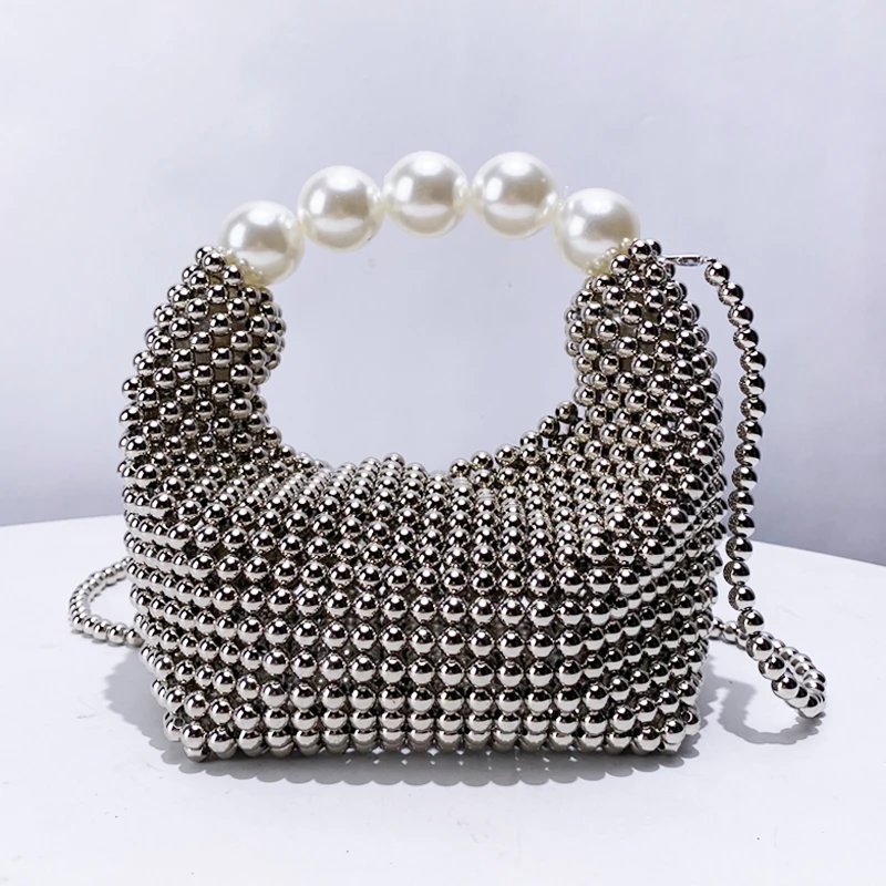 

Evening Pearl Clutch Party Bags For Women Luxury Designer Handbag Purses 2024 New In Handmade Beading Weave Shoulder Crossbody