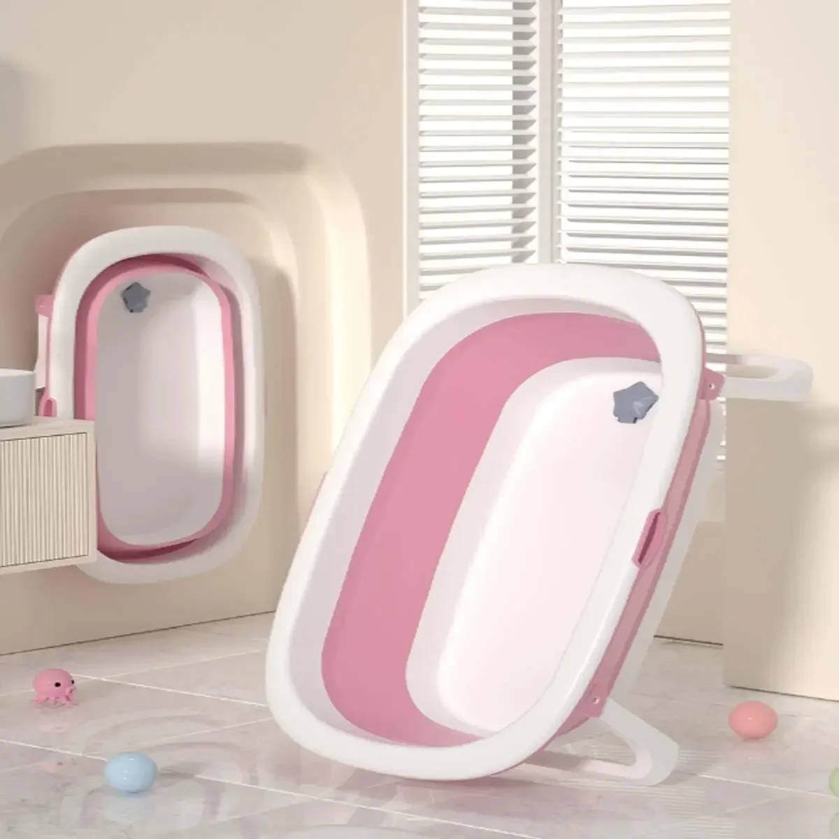 Pink Multifunctional Foldable Bathtub Drain Hole Simple Operation Collapsible Pet Shower Tub Large Capacity Portable Space Savin
