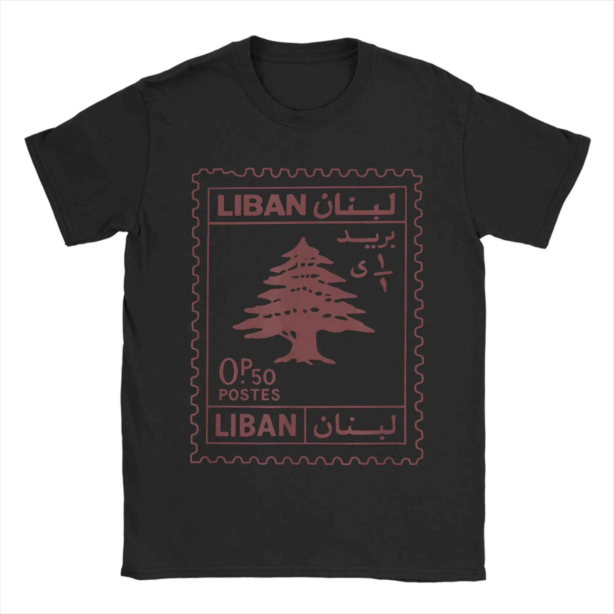 Lebanon Post Stamp Design Lebanese Flag T-Shirt for Men  Fun Pure Cotton Tees Round Collar Short Sleeve T Shirt Printed Clothing
