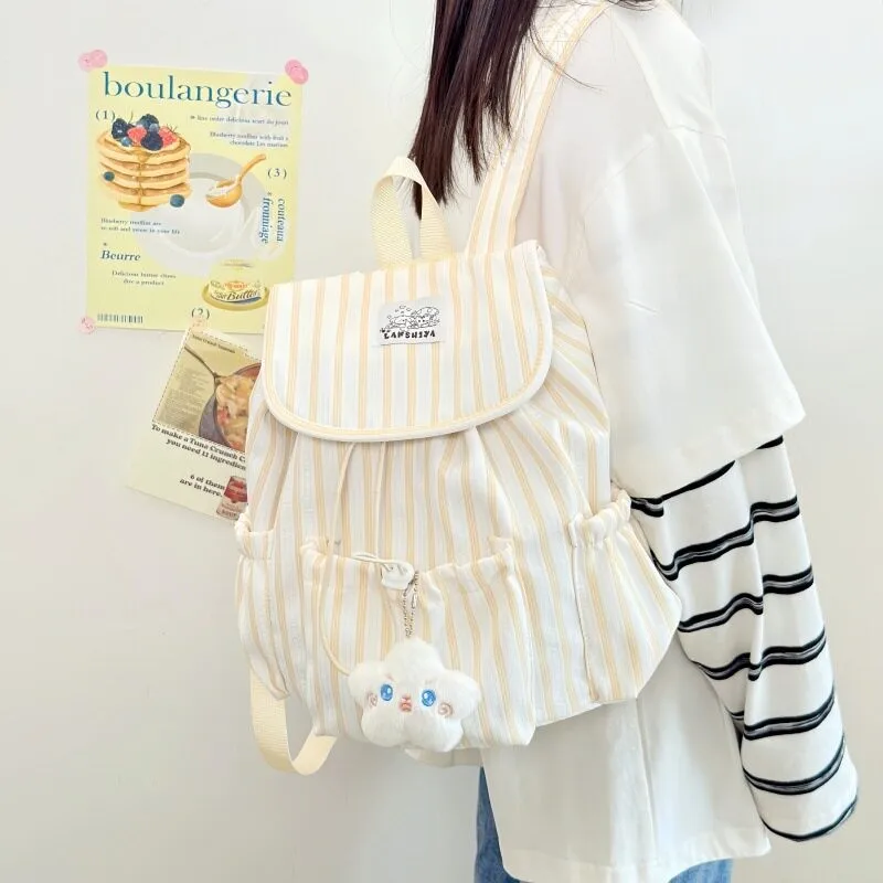 Large Capacity Striped Drawstring School Backpack Korean Version  Girl's Backpack Double Shoulder Bag for Class And Campus