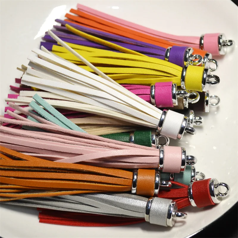 WFFNNKC 10Pcs Faux PU Leather Metal Ring Tassel Pendant DIY Decor Curtain Bag Purl Sewing Accessories Keychain Hanging Ornaments