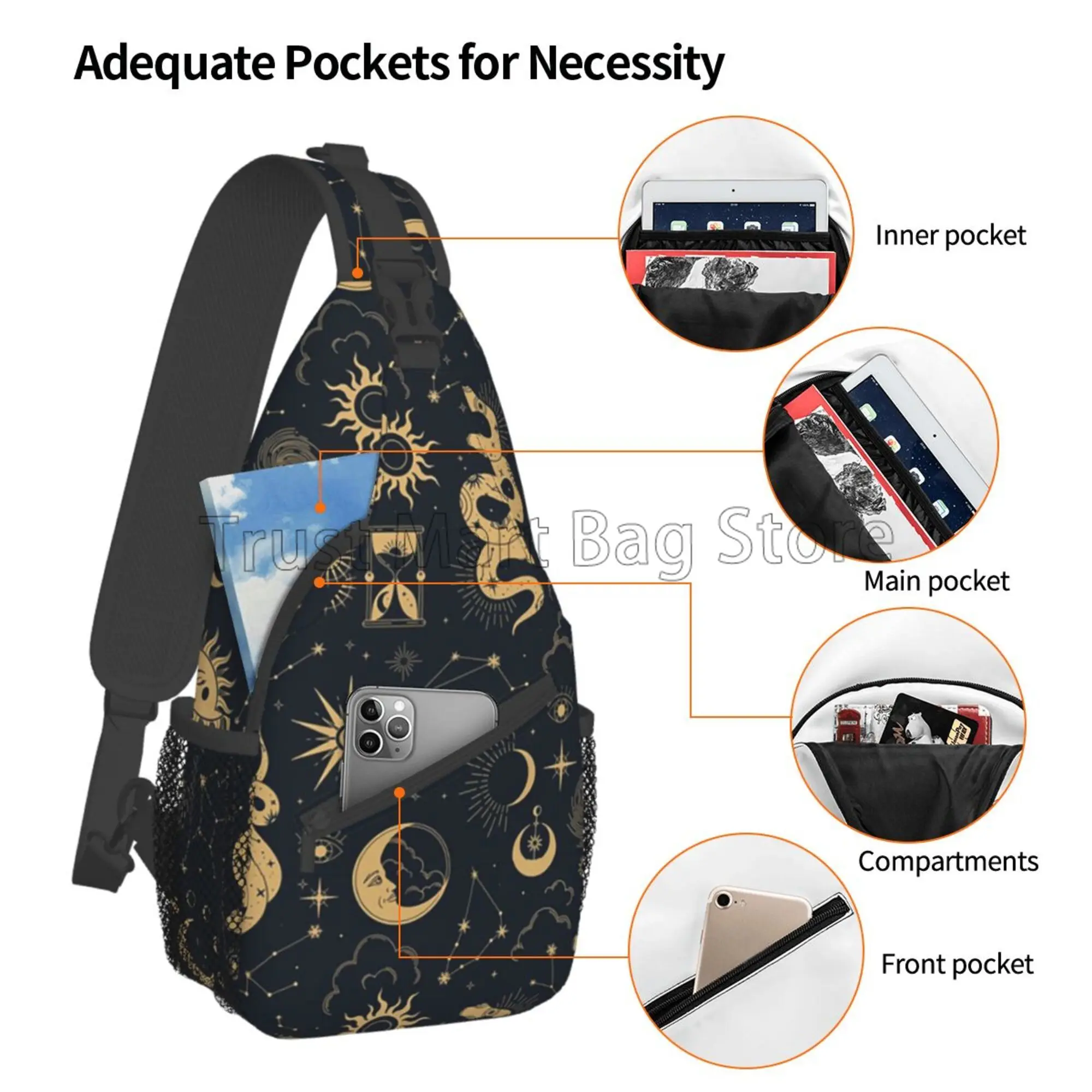 Sun and Moon Retro Sling Bag Astronomy Witch Crossbody Backpack Travel Hiking Daypack for Women Men Casual Chest Shoulder Bags