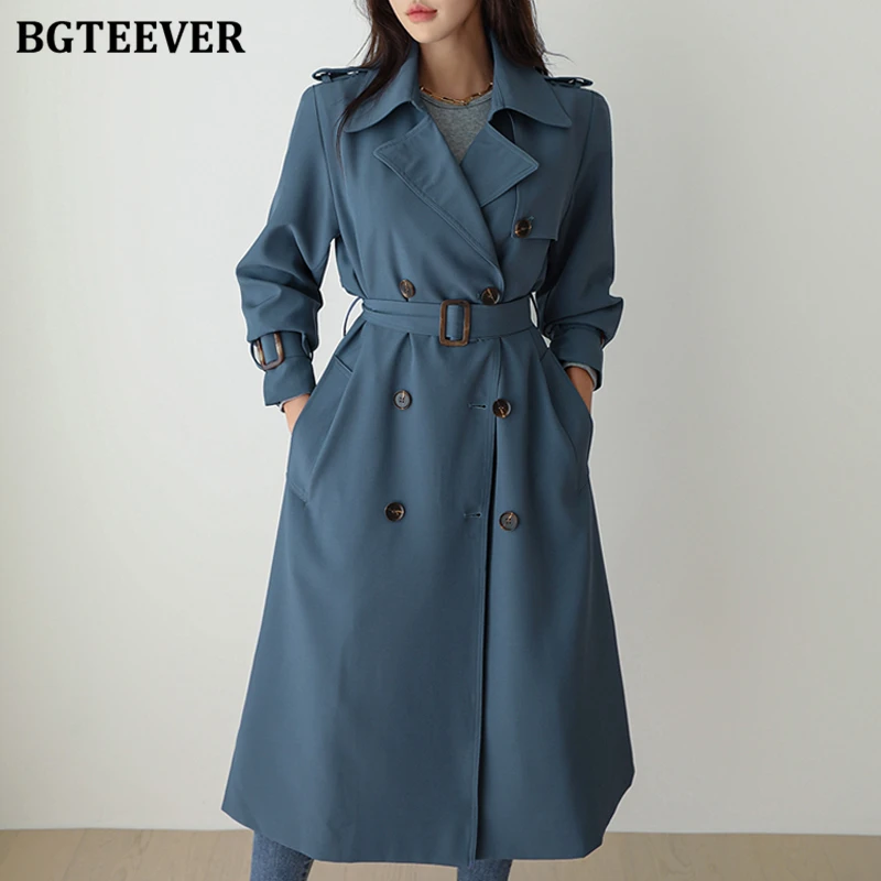 

BGTEEVER Casual Lapel Double Breasted Trench Coat Women Long Sleeve Belted Loose Female Windbreaker Autumn Winter Overcoat Femme
