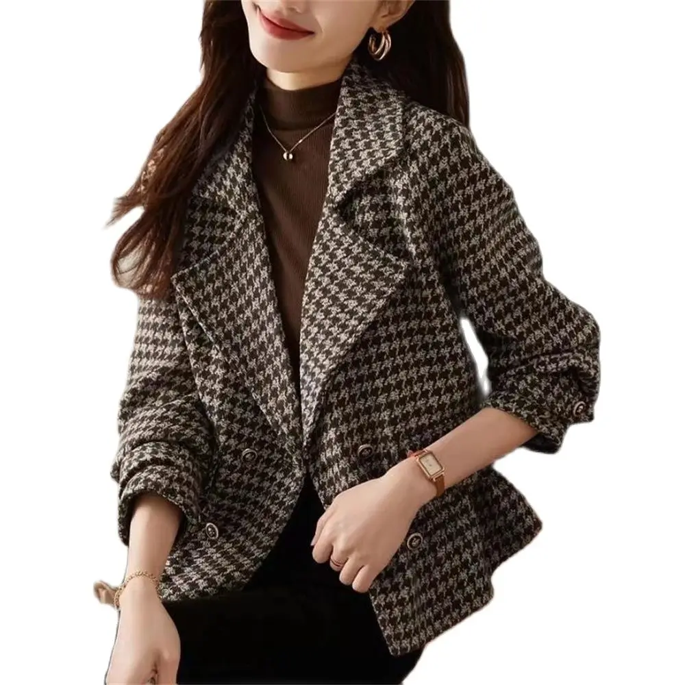 Neue Vintage Hahnen tritt Frauen Woll blazer Zweireiher Plaid weibliche Anzug Jacke Mode koreanische Oberbekleidung lose Blaser Mantel