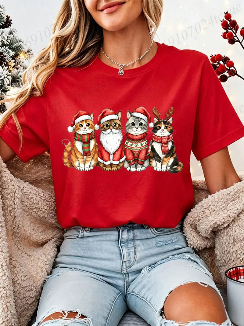 Christmas Santa Cats T‑Shirt Women Cute Pet Cat Print Tee Tshirts Family Matching Xmas Holiday Party Casual Oversized T‑shirt