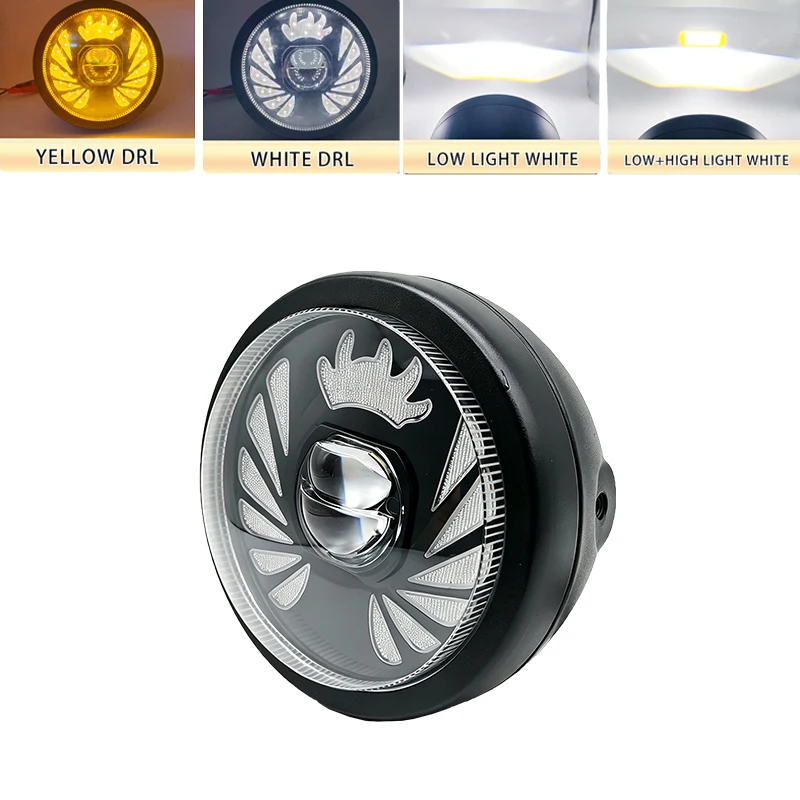 1PCS 5.75 Inch Universal Round LED Motorcycle Headlight with Projector Halo Ring H4 White/Yellow DRL Waterproof 12V Plug & Play