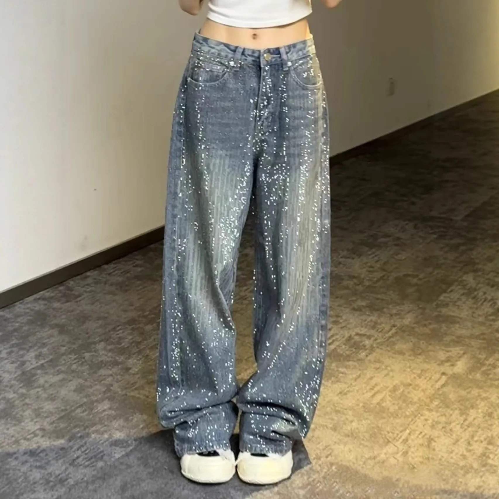 

Wide Leg Jeans Women Rhinestone Denim Pants Mid Waist Floor Length Distressed Vintage Washed Denims Trousers Streetwear 2026