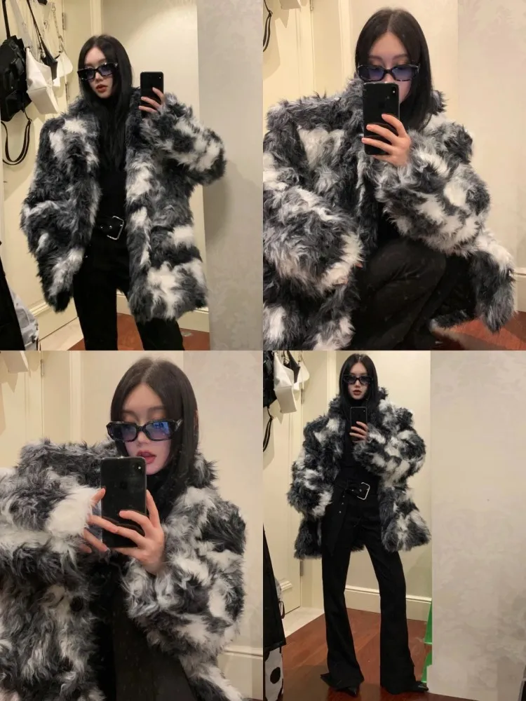 

Lamb Fur Jaet Women's Korean Sle Inteated Leather And Fur Winter Thiened Fluffy Faionable Coat Double Layer Collar