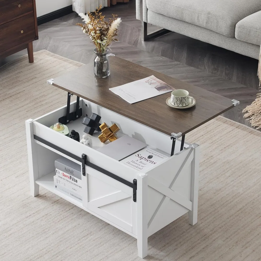 Rustic Grey Farmhouse Style Coffee Table with Lift Top and Storage Shelf