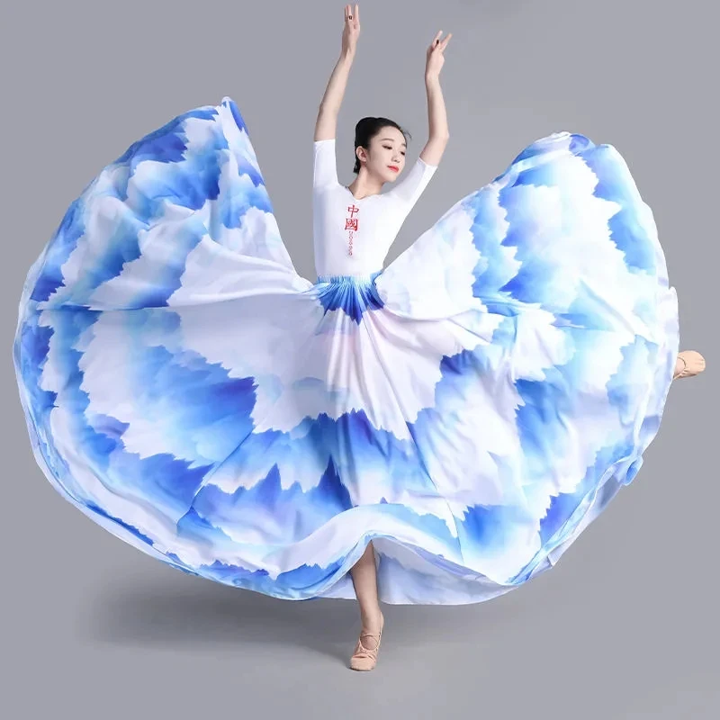 Saia de fio grande de balanço feminino, elástico na cintura, estilo chinês, impressão a tinta, saia de dança longa, 720 graus, primavera, verão, outono