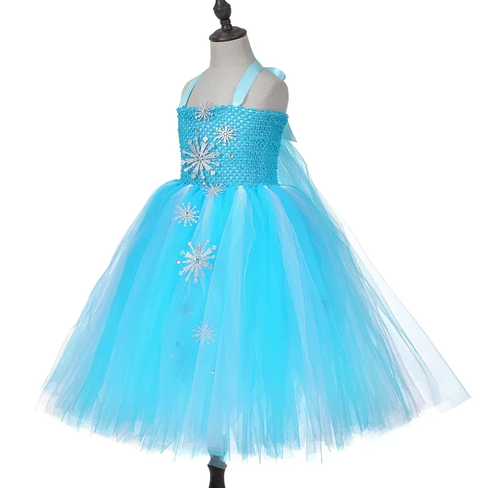 Princess Elsa Tutu Dress Costume for Girls Halloween Birthday Party Dress Up Ball Gown Mid-Calf  Snow Queen Tulle Dresses