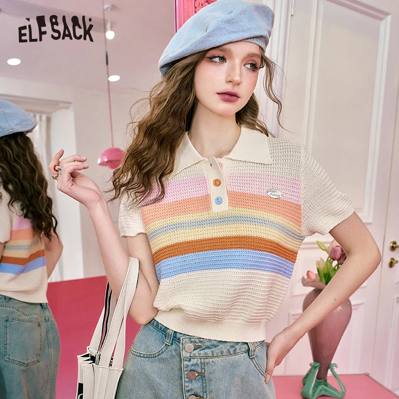 

ELFSACK 2024 Summer Polo Neck Rainbow Stripe Short Sleeve Pattern Knitted Shirt for Women