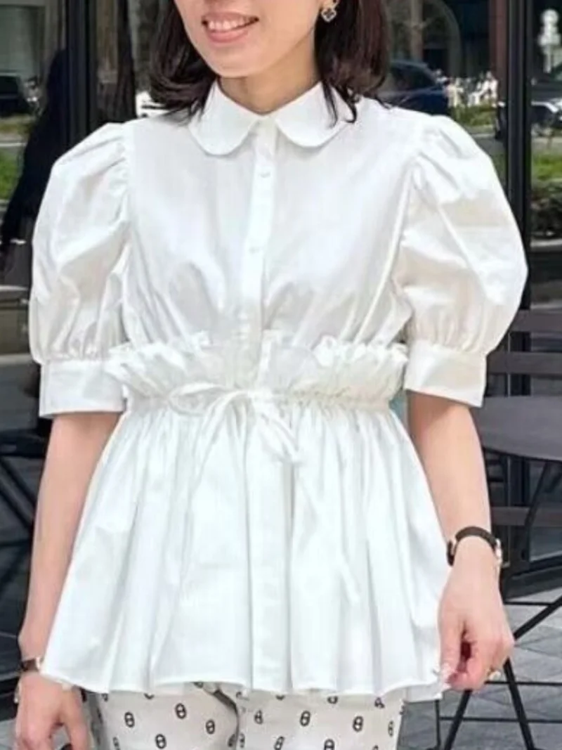 2024 Summer Sweet Puff Sleeve Solid Blouse Peter Pan Collar Drawstring Slim Wasit Short Sleeved Shirts Japanese Casual Blusa Top