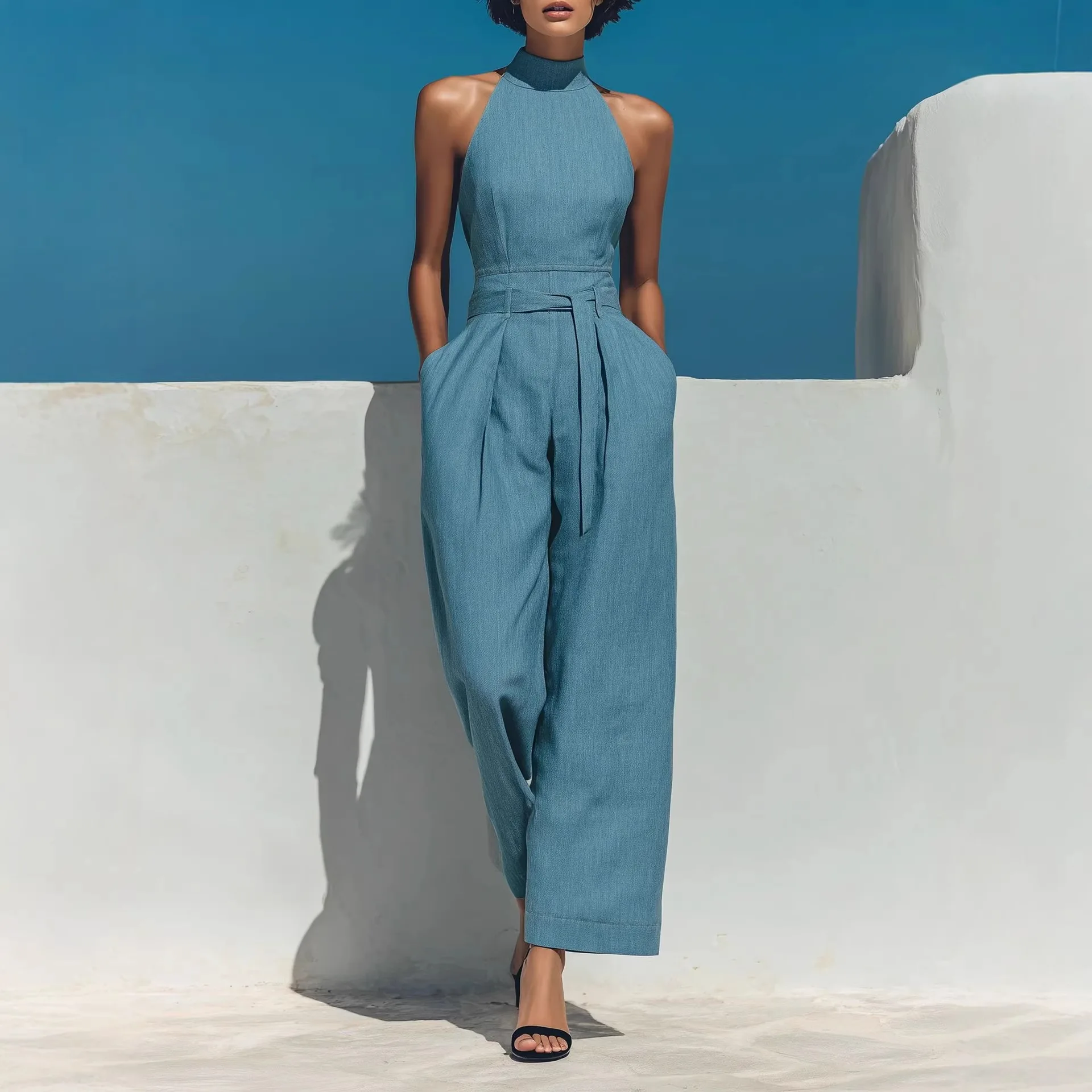 

Summer Women One Shoulder Sleeveless Dress Jumpsuit Playsuit with Belt Casual Overall Spring Summer Dresses