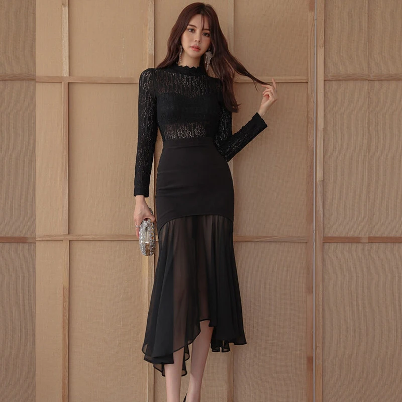 

Fashion Korean Style Women Vintage Sexy Lace Perspective Midi Party Club Dress Elegant Coffee Break Black Bodycon Female Dress