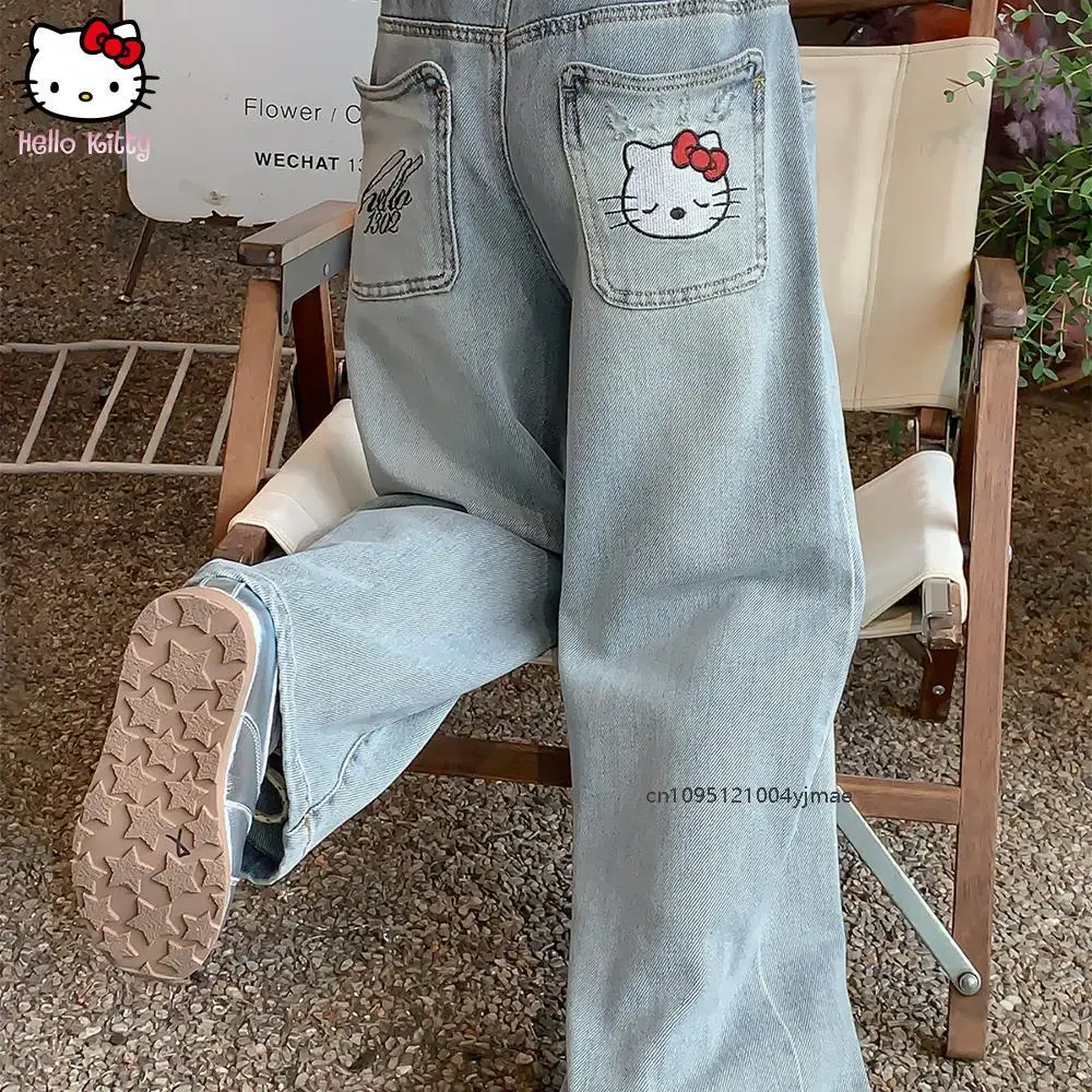 

Cartoon Hello Kitty Sanrio Children Denim Pants Retro Letter Embroidery Jeans High Waist Loose Wide Leg Trousers Pants for Girl