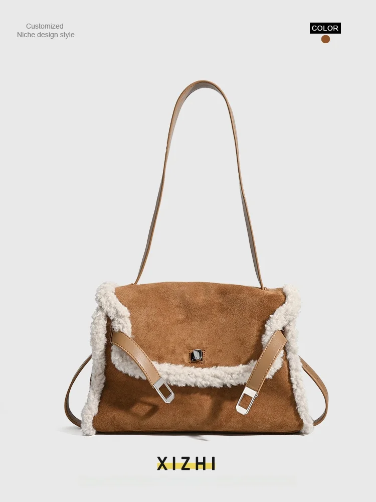 

Suede Bag with Lamb Fur Splicing Lightweight Handbag for Commuting oulder Bag Casual Chic Sle Pure Color