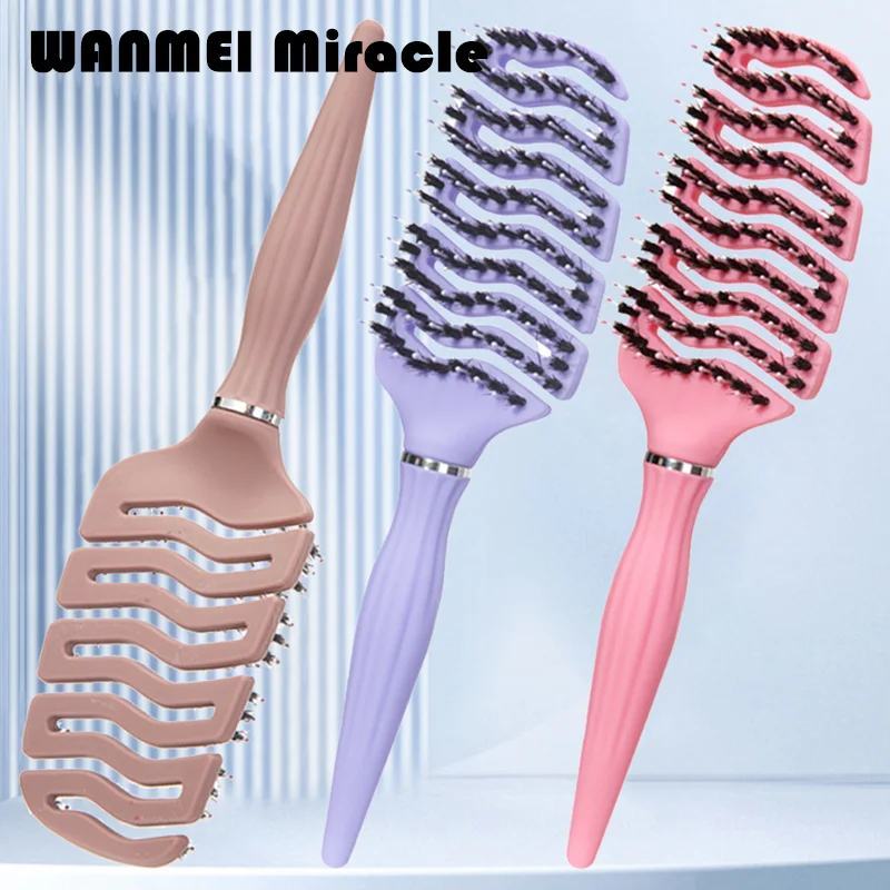 1pcs Curved Vented Boar Bristle Comb Professional Scalp Massage Comb Detangling Curl Anti-static Hairbrush Salon Styling Tool