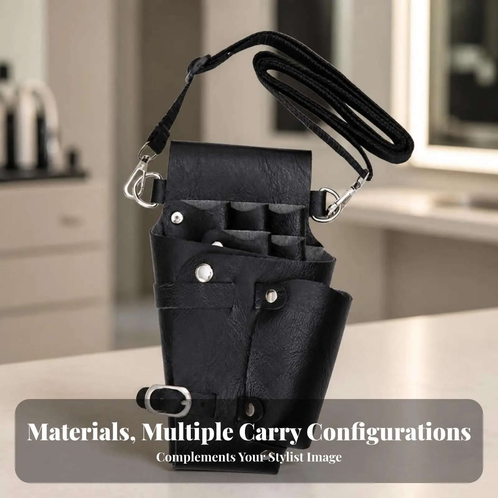Durable Hairdresser Waist Pouch for Styling Tools PU Leather Belt Holster with Secure Snap Fasteners Metal Rings and Adjustable