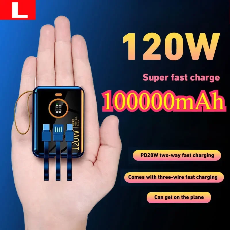 

120w Power Bank 100000mah Fast Charging Portable Backup Big Capacity Power Bank with USB-a USB-c Lightning Cable