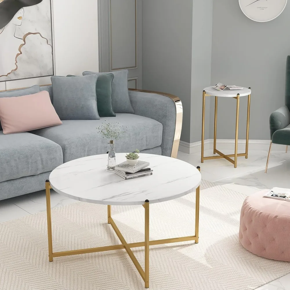 Faux Marble Coffee Table Set - 3 Piece, Including 1 Coffee Table and 2 Sofa Tables, Round Tops with Metal Cross Bases, Ideal for