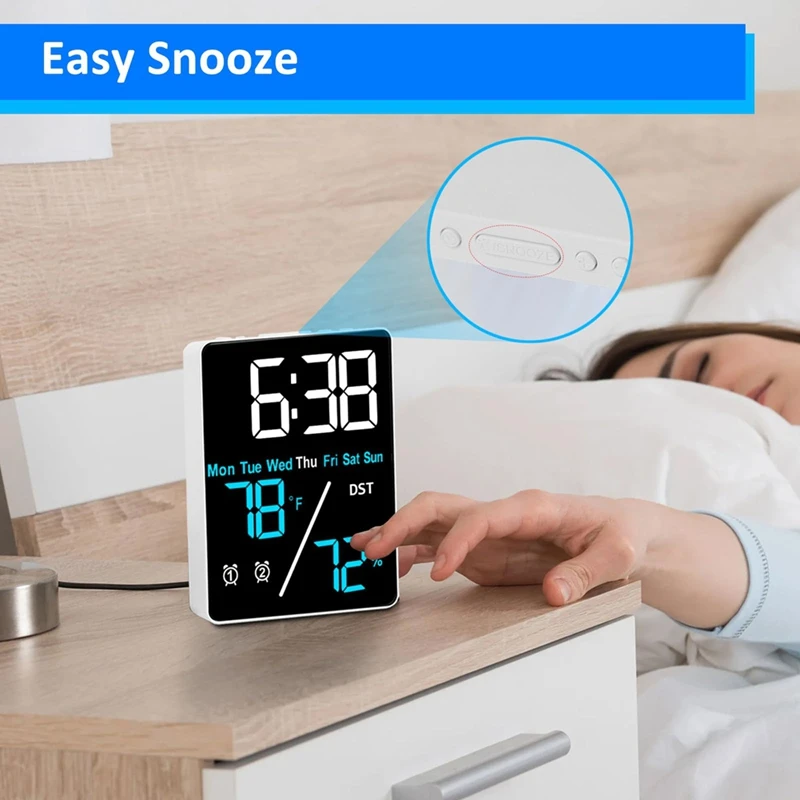 Digital Room Thermometer Hygrometer Alarm Clock For Desk, Indoor Humidity And Temperature Measurement With LED Display