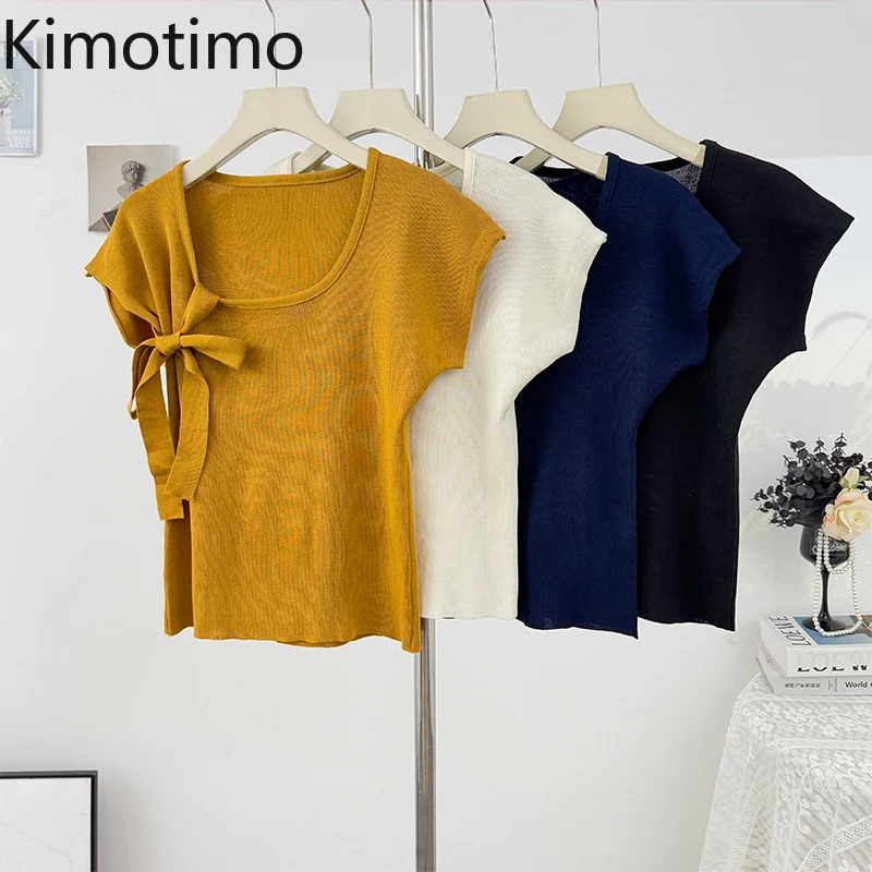 

Kimotimo Bow Bandage U Collar Knitted T-shirt Women 2025 Summer Simple Solid Slim Fit Versatile Pullover Sweet Casual Sweater