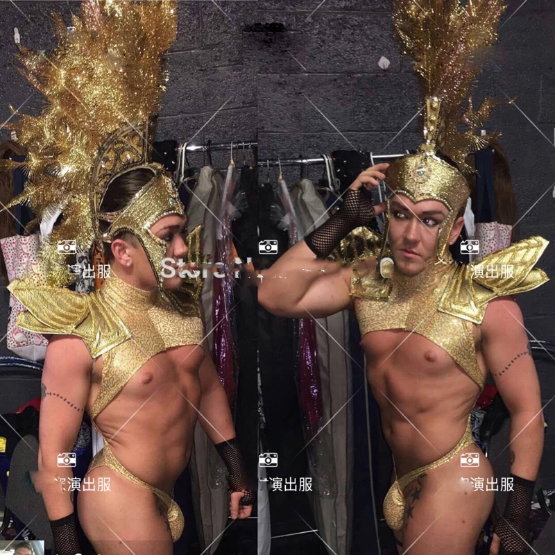 

New Gold Model Catwalk luxy Nightclub Party DS stage Dance Team Guest Muscle Male Indian Roman Theme Golden Sexy Set Costume