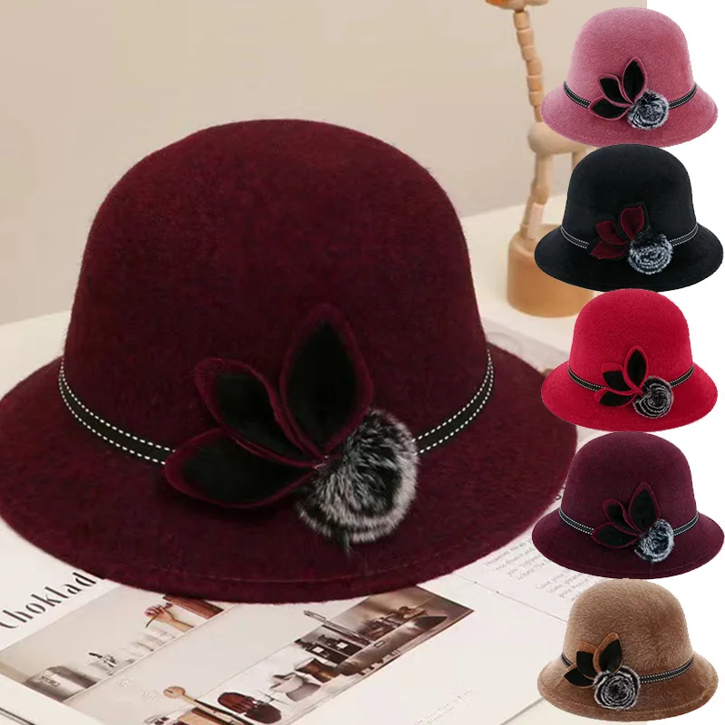 Mother Party Hat Elegant Mom Dome Cap Bow Bowler Wool Ladies Hat Autumn Winter Fedoras Cap Pure Color Hairball Vintage Jazz Cap