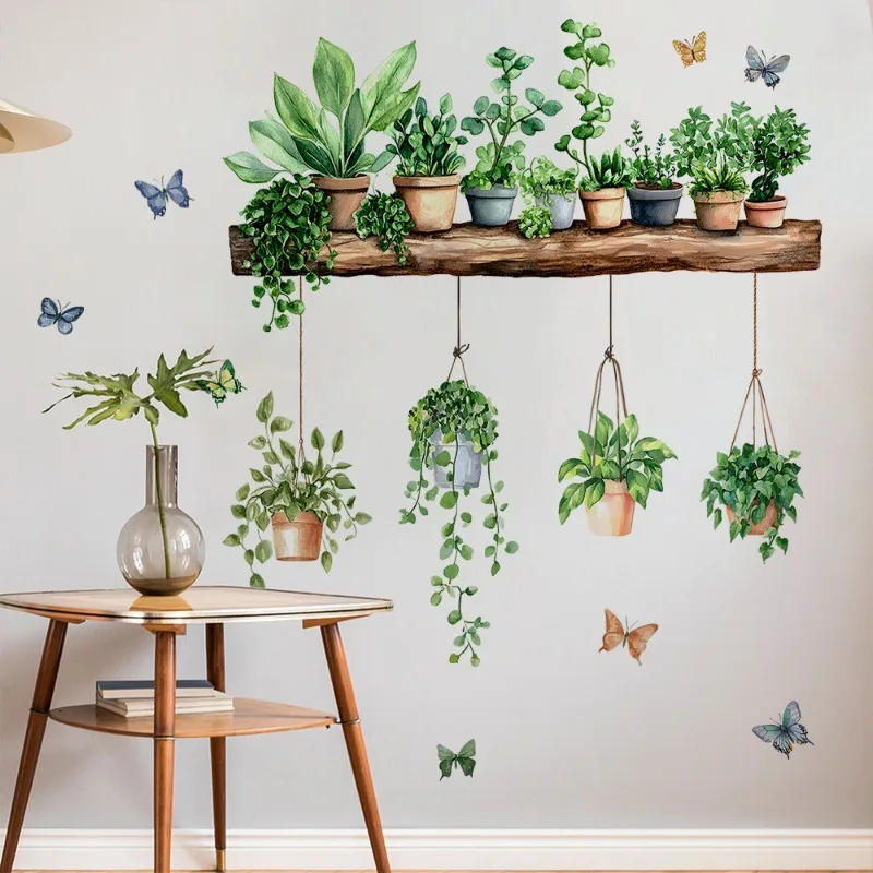 3D Potted Green Plant Shelf Wall Decals Green Botanical Tropical Succulent Wall Stickers for Living Room Kitchen Home Decor view 4