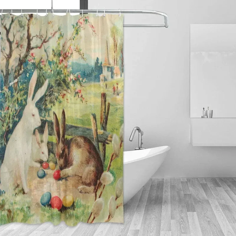 Easter Eggs Hares Bunny Art Waterproof Polyester Fabric Bathroom Shower Curtain Set with Hooks