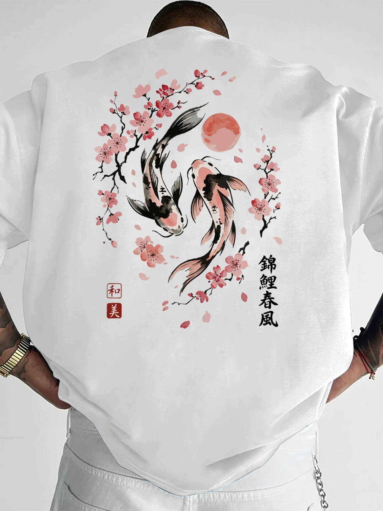 Men Japanese Koi Fish T Shirt 100% Cotton Sakura Red Sun Ink Graphic Print Oversized Streetwear Vintage Casual Short Sleeve Tee